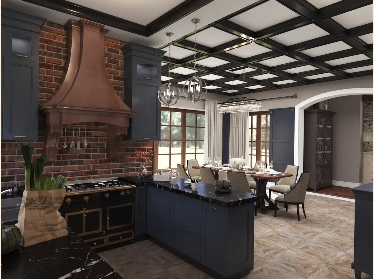 Kitchen with blue cabinetry and a brick wall