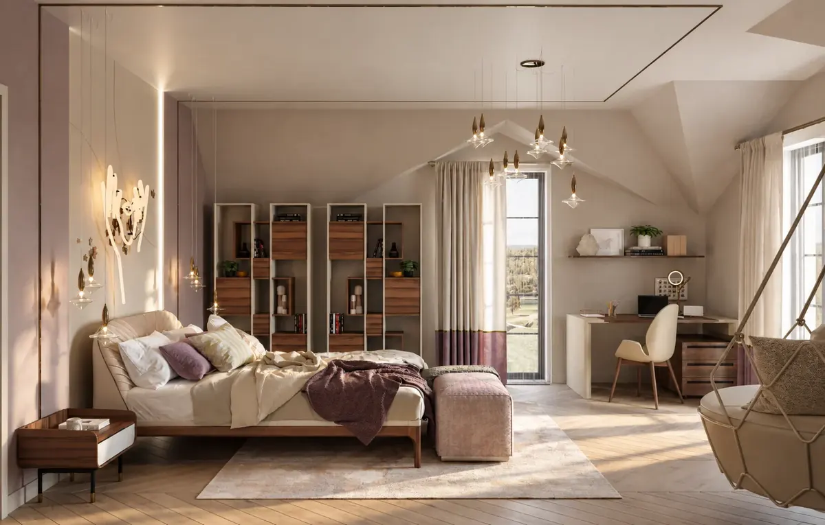 Light-filled bedroom with a desk and seating area