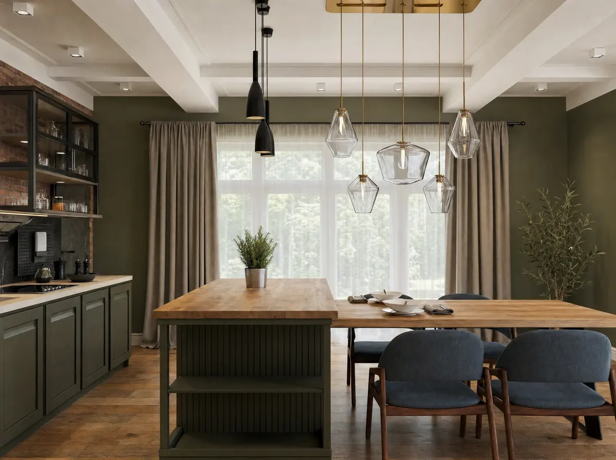 Kitchen and dining room with pendant lights