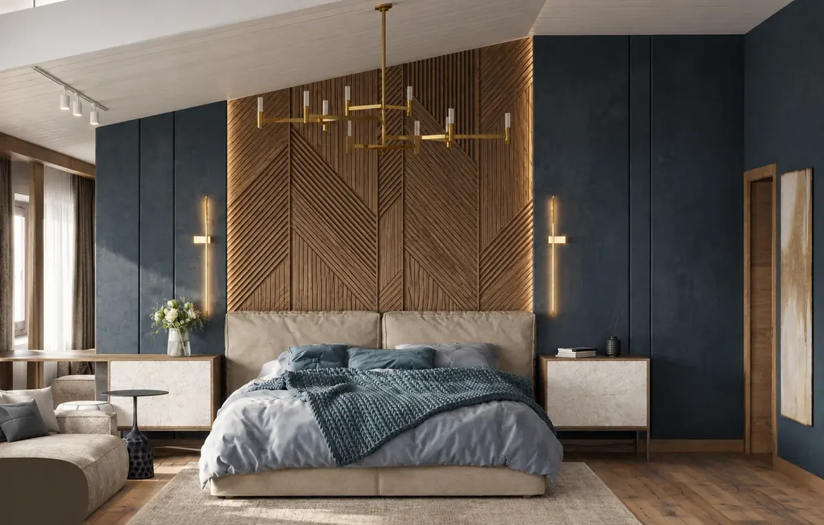 Bedroom with blue wall panels