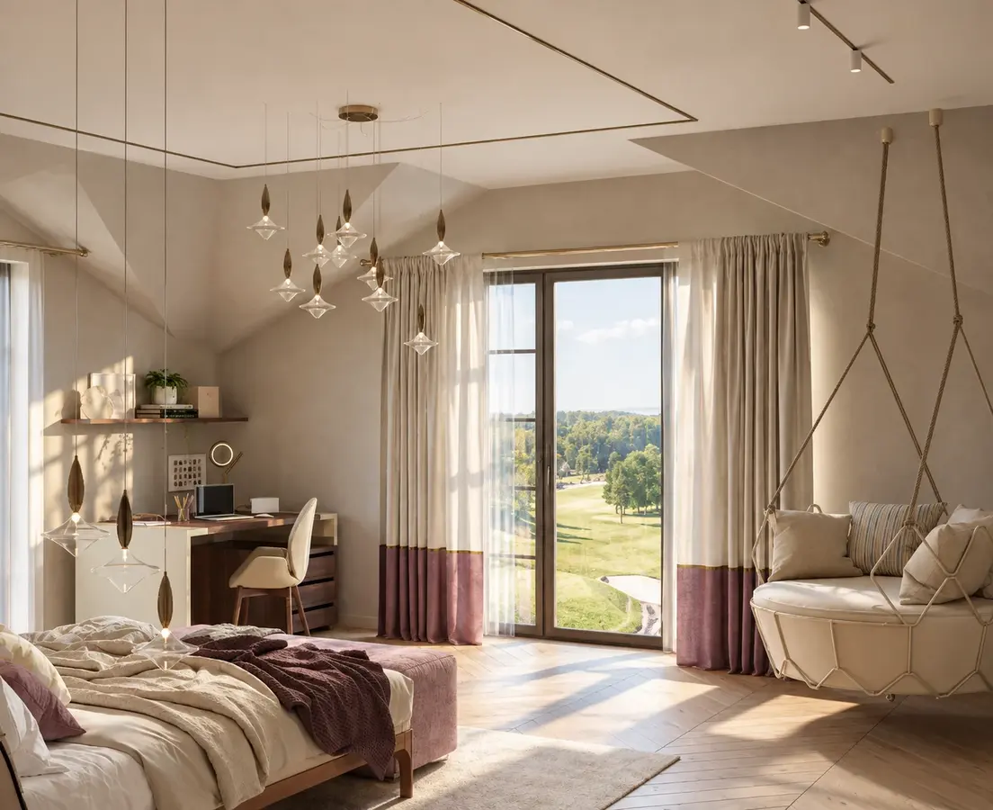 Warm-toned bedroom with a hanging chair