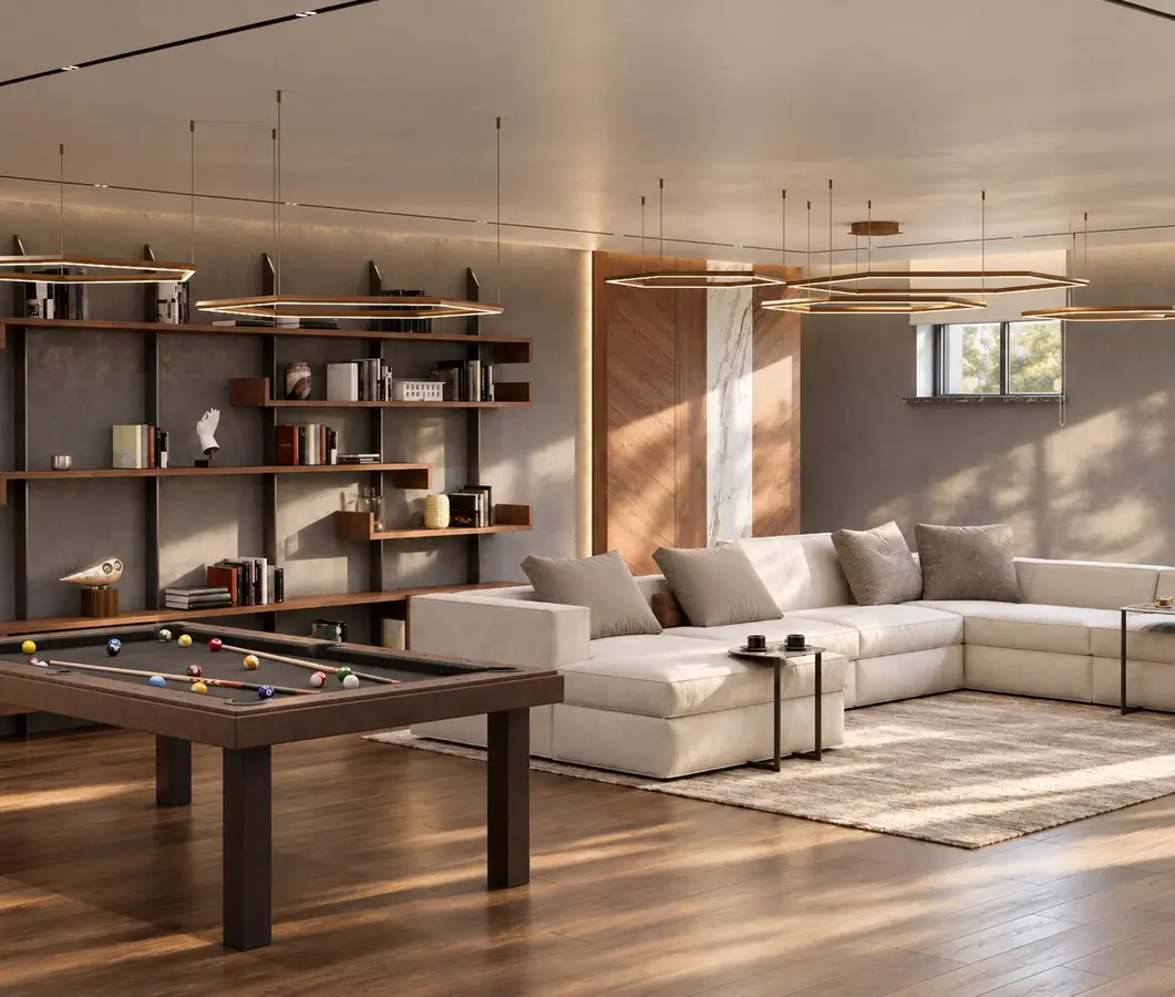 Billiard room with a sofa and open shelving