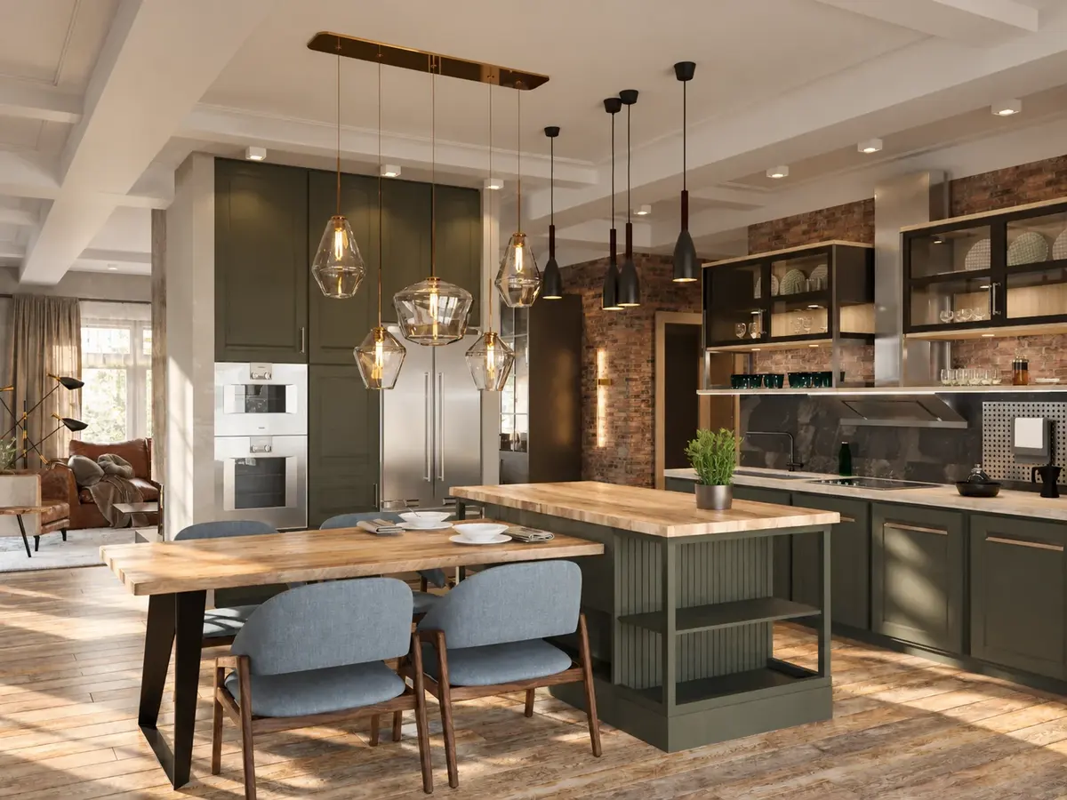 Kitchen with an island and open shelves