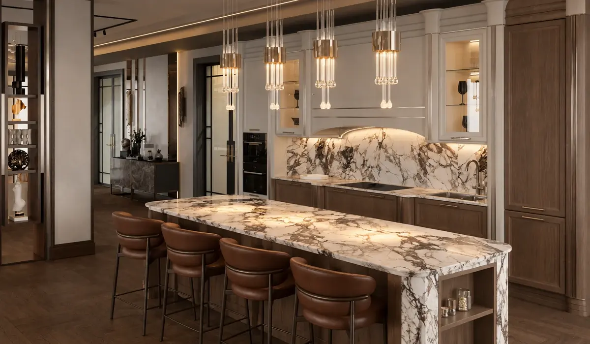 Light-toned kitchen with a marble island