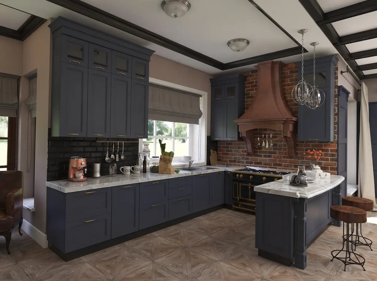 Kitchen with a copper extractor hood